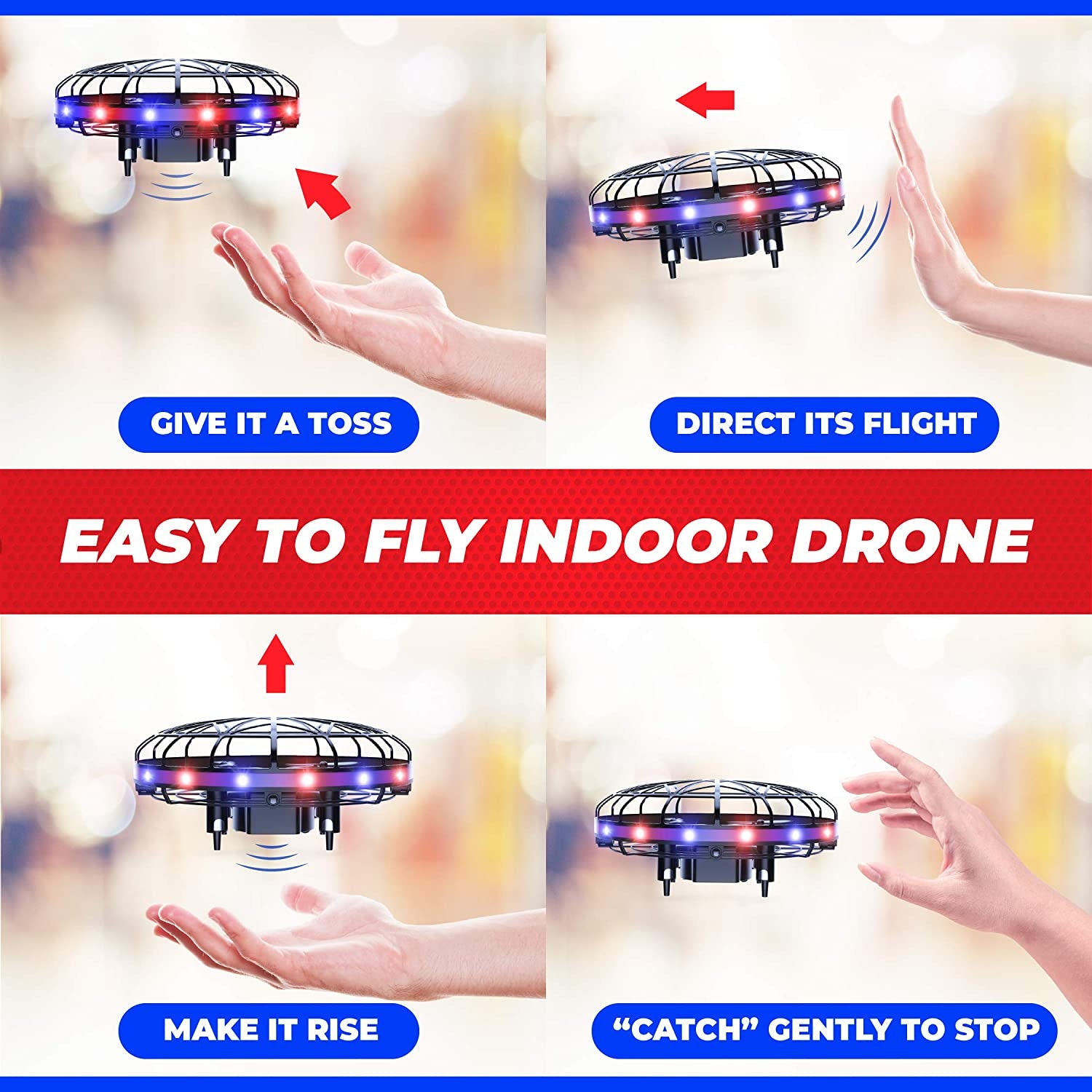 Scoot LED Hand Operated Drone for Kids or Adults - Hands Free Motion Sensor Mini Drones, Easy Indoor Flying Orb Ball Small UFO Toy for Boys and Girls (Red/Blue)