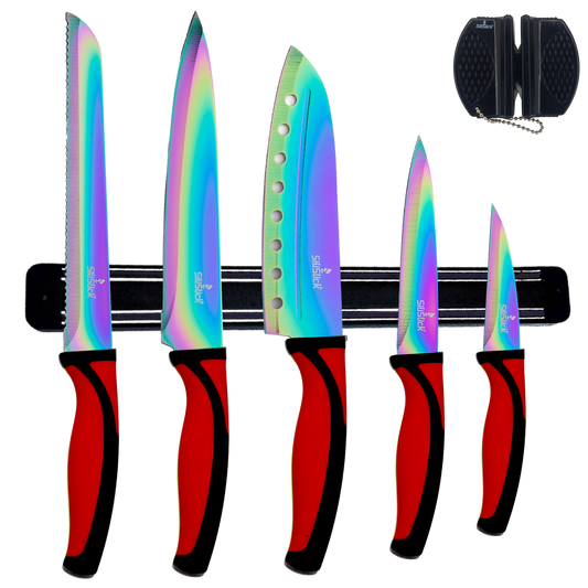 Kitchen Knife Set Kit | Red Handle & Black Magnetic Rack