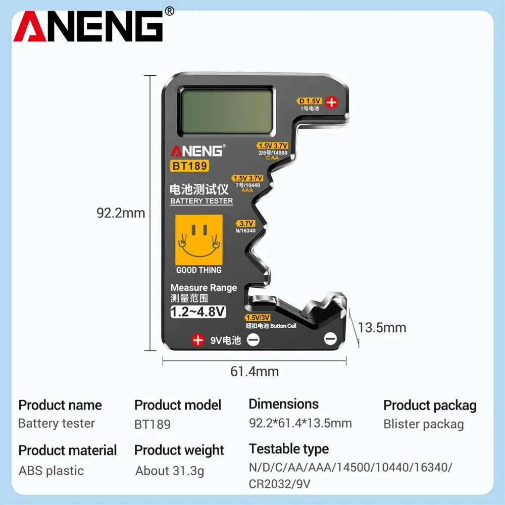 BT189 Button Cell Battery Tester 9V N D C AA AAA Universal Household LCD Display Battery Tester Power Bank Detectors Tools
