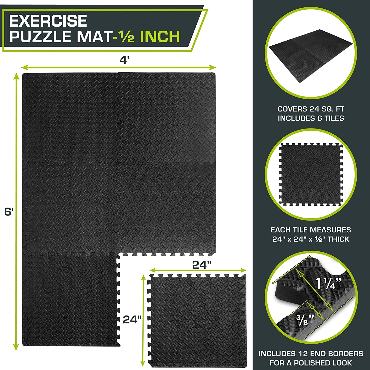 Puzzle Exercise Mat ½ In, EVA Interlocking Foam Floor Tiles for Home Gym, Mat for Home Workout Equipment, Floor Padding for Kids, Grey, 24 in X 24 in X ½ In, 48 Sq Ft - 12 Tiles