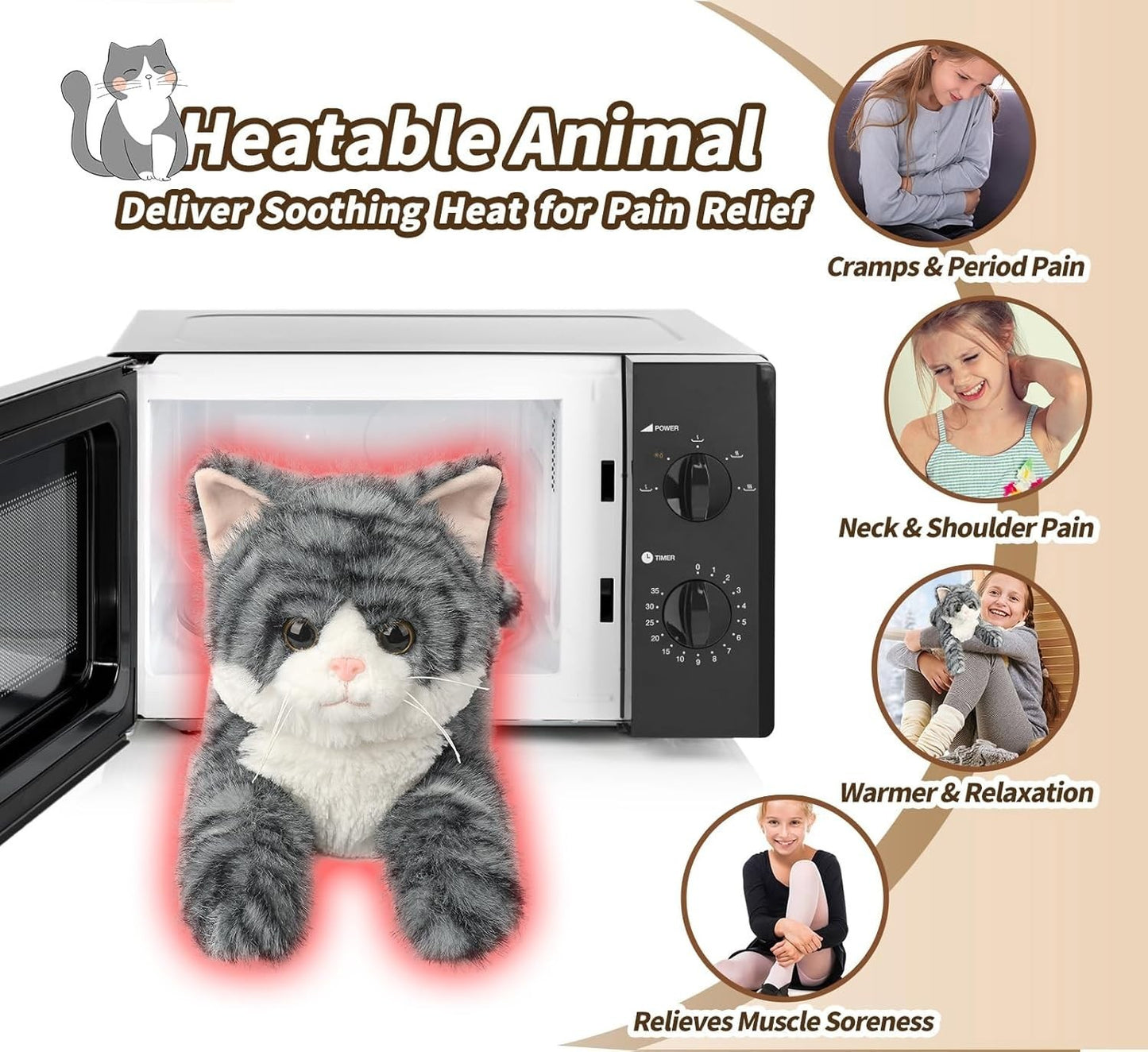 Cuckool Gray Tabby Cat Stuffed Animals, Microwavable Stuffed Animals Heating Pad