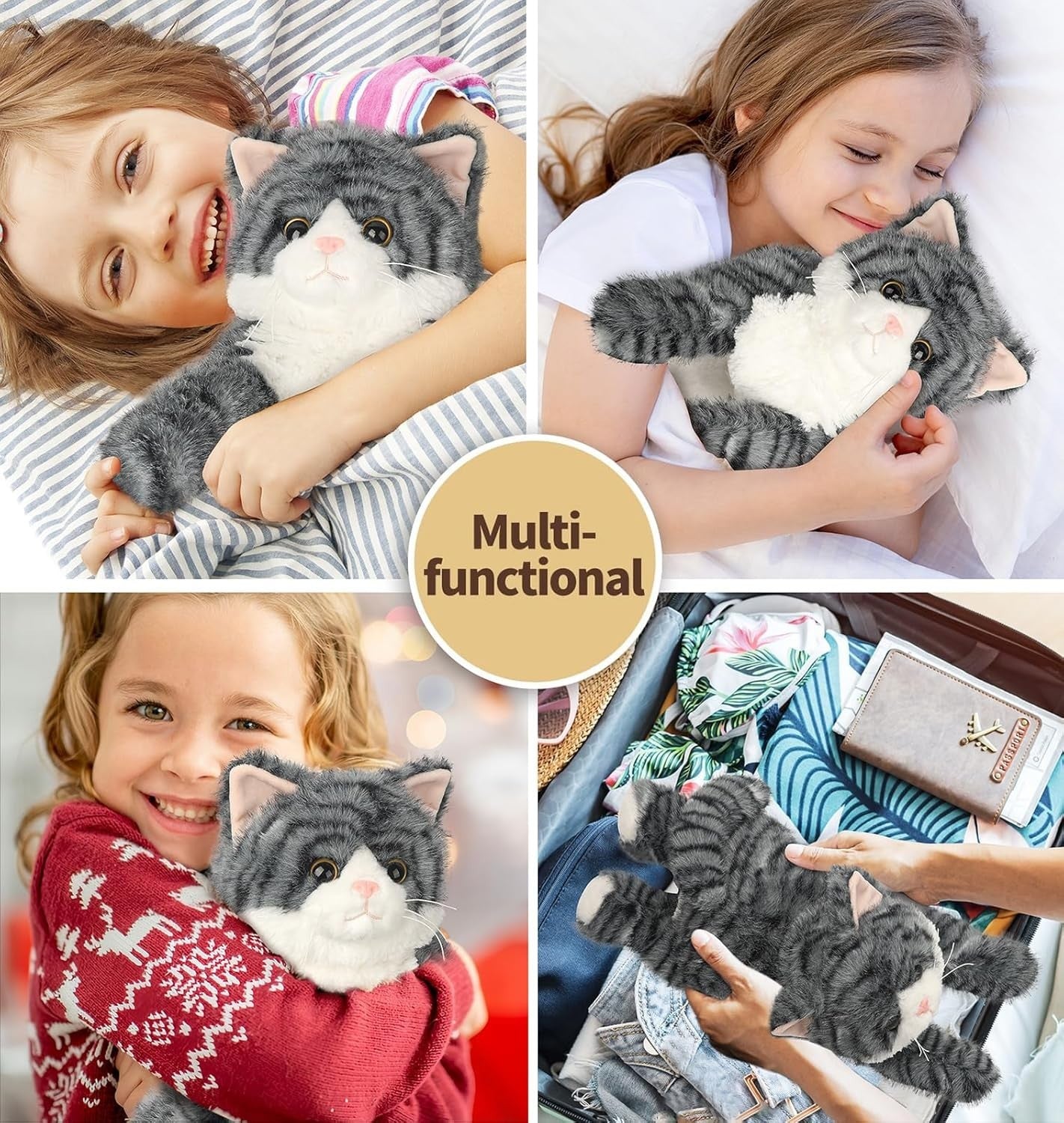 Cuckool Gray Tabby Cat Stuffed Animals, Microwavable Stuffed Animals Heating Pad